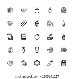 Editable 25 vitamin icons for web and mobile. Set of vitamin included icons line Prescription, Vegetables, Medicine, Peach, Pills, Lemon, Watermelon, Ointment on white background