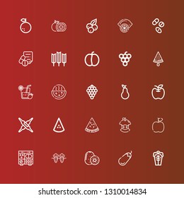 Editable 25 vitamin icons for web and mobile. Set of vitamin included icons line Cabbage, Eggplant, Kiwi, Carrot, Pills, Apple, Bitten apple, Watermelon, Calcium, Pear on red