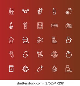Editable 25 vitamin icons for web and mobile. Set of vitamin included icons line Medicine, Drugs, Vegetables, Dragon fruit, Painkiller, Apple, Watermelon, Lemonade, Potato on red