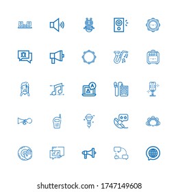 Editable 25 voice icons for web and mobile. Set of voice included icons line Chat, Megaphone, Dj music, Tambourine, Phone call, Karaoke, Walkie talkie, Horn on white background
