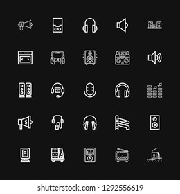 Editable 25 volume icons for web and mobile. Set of volume included icons line Radio, Ipod, Bookshelf, Announcer, Woofer, Slider, Headphones, Audio guide, Megaphone on black background