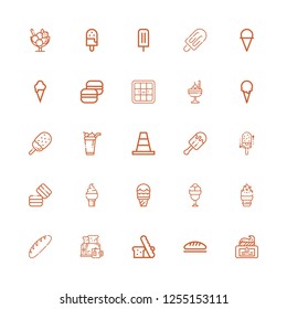 Editable 25 waffle icons for web and mobile. Set of waffle included icons line Cream, Bread, Breakfast, Ice cream, Macaron, Cone, Waffle on white background