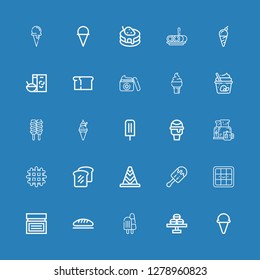Editable 25 waffle icons for web and mobile. Set of waffle included icons line Ice cream, Macaron, Bread, Cream, Waffle, Cone, Breakfast, Icecream, Roll cake on blue background