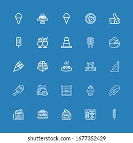 Editable 25 waffle icons for web and mobile. Set of waffle included icons line Ice cream, Cream, Pancakes, Waffle, Breakfast, iron, Bread, Stroopwafel on blue background