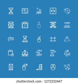 Editable 25 wait icons for web and mobile. Set of wait included icons line Mouse, Hourglass, Waiting room, Wait time, Queue, Elevator on blue background