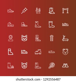 Editable 25 walking icons for web and mobile. Set of walking included icons line Boots, Cryptozoology, Boot, Cat, Polar bear, Shoes, Treadmill, Old man, Sneakers, Sneaker on red