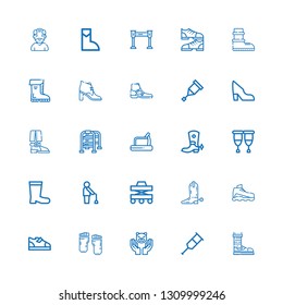 Editable 25 walking icons for web and mobile. Set of walking included icons line Shoe, Crutch, Cat, Barefoot, Boots, Sneaker, Boot, Walker, Old man, Crutches on white background