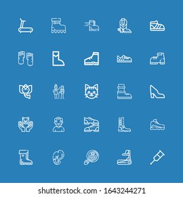Editable 25 walking icons for web and mobile. Set of walking included icons line Crutch, Treadmill, Cryptozoology, Elephant, Boots, Sneaker, Boot, Shoes, Old man on blue background