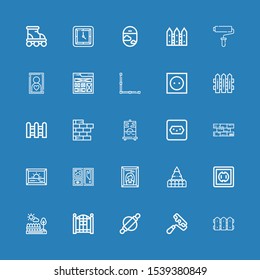 Editable 25 wall icons for web and mobile. Set of wall included icons line Fence, Paint roller, Roller, Fences, Socket, Painting, Frame, Bricks, Brick wall on blue background