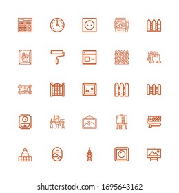 Editable 25 wall icons for web and mobile. Set of wall included icons line Painting, Dimmer, Fernsehturm berlin, Window, Fence, Socket, Frame, Candle making on white background