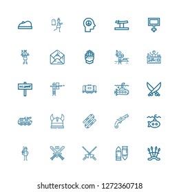Editable 25 war icons for web and mobile. Set of war included icons line Weapons, Bullet, Spears, Swords, Soldier, Submarine, Musket, Nunchaku, Viking, Tank on white background