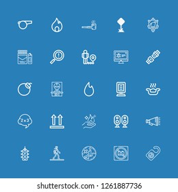 Editable 25 warning icons for web and mobile. Set of warning included icons line Door hanger, No photo, No sitting, Pedestrian, Traffic light, Megaphone, Loudspeaker on blue background