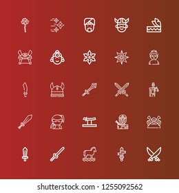 Editable 25 warrior icons for web and mobile. Set of warrior included icons line Saber, Sword, Trojan, Shogun, Ninja, Katana, Mythology, Swords, Viking, Sabre, Sumo, Shuriken on red