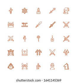 Editable 25 warrior icons for web and mobile. Set of warrior included icons line Trojan, Sumo, Mythology, Samurai, Indian, Ninja, Swords, Kusarigama, Viking on white background