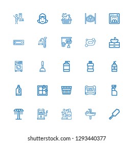 Editable 25 wash icons for web and mobile. Set of wash included icons line Duster, Sink, Cleaning, Gas station, Shower, Cleaning spray, Soap, Bucket, Clean window on white background