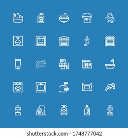 Editable 25 wash icons for web and mobile. Set of wash included icons line Mechanic, Detergent, Gel, Vacuum, Mouthwash, Gas station, Makeup remover, WASHING HANDS on blue background