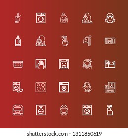Editable 25 washer icons for web and mobile. Set of washer included icons line Cleaning spray, Washing machine, Maid, Machine, Hob, Washing, Dishwasher, Cleaning, Laundry basket on red