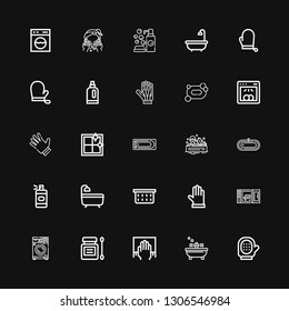 Editable 25 washing icons for web and mobile. Set of washing included icons line Glove, Bath, Cleaning, Antiseptic, Washing machine, Microwave oven, Gloves on black background