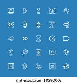 Editable 25 watch icons for web and mobile. Set of watch included icons line Stopwatch, Visibility, Video, View, Tv, Hourglass, Zoom, Observation, Clock, Time on blue background