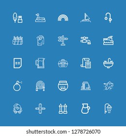 Editable 25 water icons for web and mobile. Set of water included icons line Shower, Lemonade, Salt, Gym, Fitness, Iceberg, Tank, Fishbowl, Water hose, Bomb on blue background