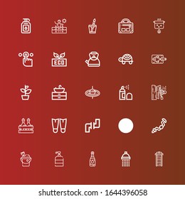 Editable 25 water icons for web and mobile. Set of water included icons line Treadmill, Shower, Water, Soap, Sand bucket, Ratchet, Ecology, Pipes, Fins, Alcoholic drink on red
