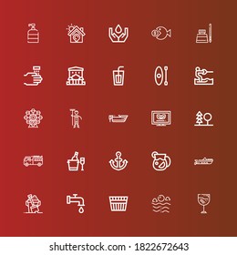 Editable 25 water icons for web and mobile. Set of water included icons line Drink, Sea, Bucket, Tap, Sand, Boat, Juice, Anchor, Ice bucket, Firefighter, Forest, Ecological on red