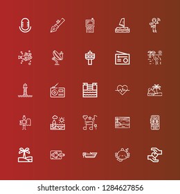 Editable 25 wave icons for web and mobile. Set of wave included icons line Blood, Fish, Boat, Oasis, Voice recorder, Lighthouse, Music, Beach, Surfing, Heartbeat, Tsunami on red