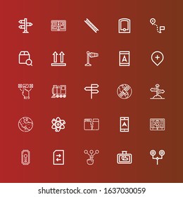 Editable 25 way icons for web and mobile. Set of way included icons line Road sign, Gps, Choice, Change, Keyhole, Navigation, Split, Solar system, Direction sign, Directions on red