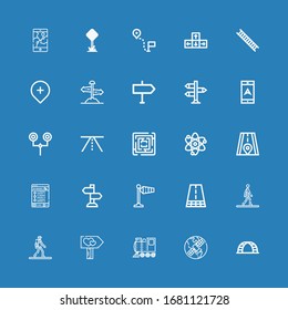 Editable 25 way icons for web and mobile. Set of way included icons line Ladder, Gps, Locomotive, Signpost, Pedestrian, Walking, Road, Wind signal, Sign Post on blue background