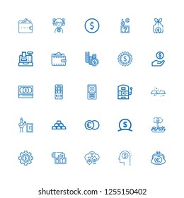 Editable 25 wealth icons for web and mobile. Set of wealth included icons line Purse, Money, Gold, Dollar, Sign, Euro, Ingots, Safety box, Slot machine, Atm on white background