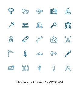Editable 25 weapon icons for web and mobile. Set of weapon included icons line Swords, Sabre, Sword, Bullets, Tracking, Spear, Water gun, Knuckle, Scythe, Bomb on white background