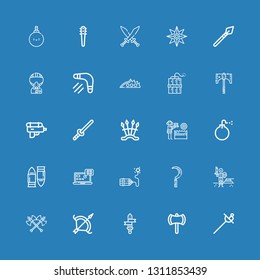 Editable 25 weapon icons for web and mobile. Set of weapon included icons line Sword, Ax, Archery, Axes, Paintball, Scythe, Dynamite, Tracking, Bullet, Bomb on blue background
