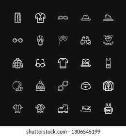 Editable 25 wear icons for web and mobile. Set of wear included icons line Apron, Hat, Boot, Shirt, Jacket, Glasses, Winter hat, Helmet, Clothes, Top hat, Tshirt on black background