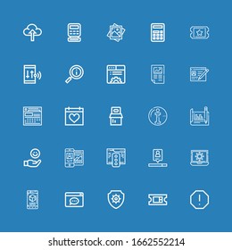 Editable 25 website icons for web and mobile. Set of website included icons line Spam, Ticket, Antivirus, Browser, Smartphone, Loading, Search engine, Responsive on blue background