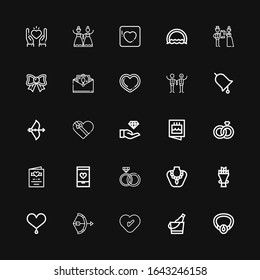 Editable 25 wedding icons for web and mobile. Set of wedding included icons line Necklace, Ice bucket, Heart, Bow, Bouquet, Rings, Love, Wedding invitation on black background