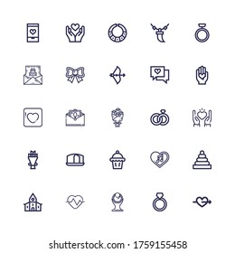 Editable 25 wedding icons for web and mobile. Set of wedding included icons line Cupid, Ring, Necklace, Heart, Church, Rings, Muffin, Sponge cake, Bouquet on white background