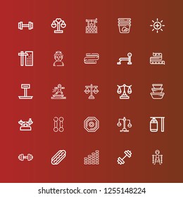 Editable 25 weight icons for web and mobile. Set of weight included icons line Slavery, Gym, Equalizer, Hot dog, Dumbbell, Punching bag, Balance, Weight, Scale, Container on red