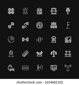 Editable 25 iconos de peso para web y móvil. Juego de pesos incluidos íconos línea expansor Chest, Lifestyle, Fitness, Hot dog, Weightlifo, Dumbbell, Balance sobre fondo negro