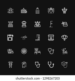 Editable 25 wellness icons for web and mobile. Set of wellness included icons line Stethoscope, Relax, Gym station, Spa, Massage, Spiritual, Sauna, Lotus, Well on black background