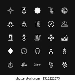 Editable 25 west icons for web and mobile. Set of west included icons line Cowboy, Prickly pear, Spur, Pistol, Compass, Headdress, Pacifism, Gallow, Wild west on black background
