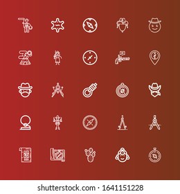 Editable 25 west icons for web and mobile. Set of west included icons line Compass, Indian, Prickly pear, Bandit, Cowboy, Gallows, Pistol, Cardinal points, Cowgirl, Indian tent on red
