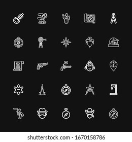 Editable 25 iconos de occidente para web y móvil. Conjunto de iconos de occidente incluye la línea Compass, Cowboy, Lasso, Gallow, Sheriff, Indian, Pistol, Revolver, Pacifism, Wild West sobre fondo negro
