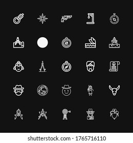 Editable 25 iconos occidente para web y móvil. Set de West incluye íconos línea sombrero Cowboy, Cowboy, Vane, Compass, cráneo toro, Cowgirl, indio, pacifismo, Headdress sobre fondo negro