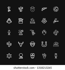 Editable 25 western icons for web and mobile. Set of western included icons line Cactus, Prickly pear, Indian, Cowboy, Sheriff, Wild west, Horseshoe, Bull skull on black background