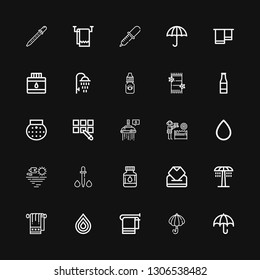 Editable 25 wet icons for web and mobile. Set of wet included icons line Umbrella, Towel, Drop, Shower, Wipes, Drops, Dropper, Sea, Blood drop, Water gun, Pipette on black background