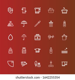 Editable 25 wet icons for web and mobile. Set of wet included icons line Towel, Dropper, Ink, Water gun, Shower, Sea, Plastic bottle, Drops, Umbrella, Blood drop, Eye dropper on red