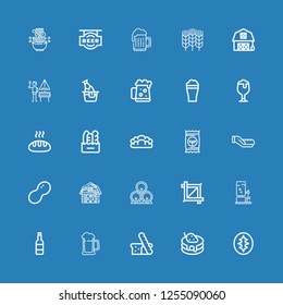 Editable 25 wheat icons for web and mobile. Set of wheat included icons line Sourdough, Pancake, Bread, Beer, Crop, Barn, Peanut, Seed, Dark beer, German, Wheat on blue background