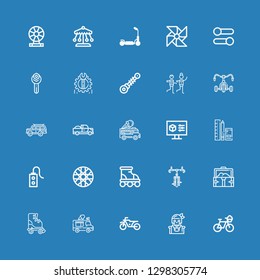 Editable 25 wheel icons for web and mobile. Set of wheel included icons line Bicycle, Pirate, Motorbike, Ice cream truck, Roller skate, Treasure, Roller, Spoke wheel on blue background