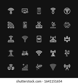 Editable 25 wifi icons for web and mobile. Set of wifi included icons line Signal, Wifi signal, Antenna, Router, Hotspot, Cell, No Wireless, Smart tv on black background