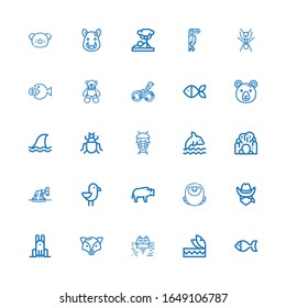 Editable 25 wild icons for web and mobile. Set of wild included icons line Fish, Headdress, Hippopotamus, Fox, Rabbit, Cowboy, Macaw, Bison, Seagull, Whale on white background